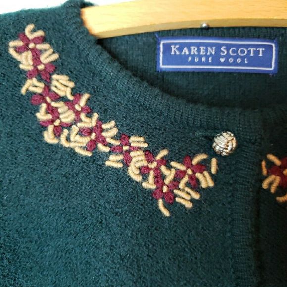 Karen Scott Sweater Womens Button Up Embroidered Wool Cardigan Green Size Medium - Picture 2 of 10